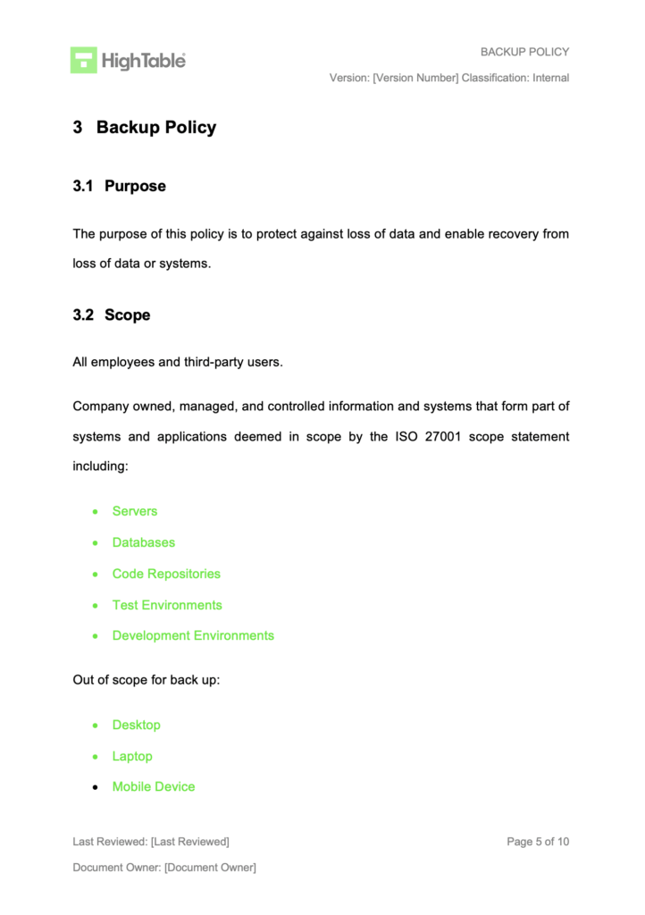 ISO 27001 Backup Policy Template Example 3