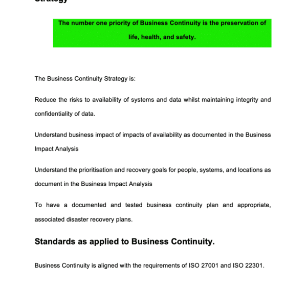 ISO27001 Business Continuity Objectives and Strategy Example 5