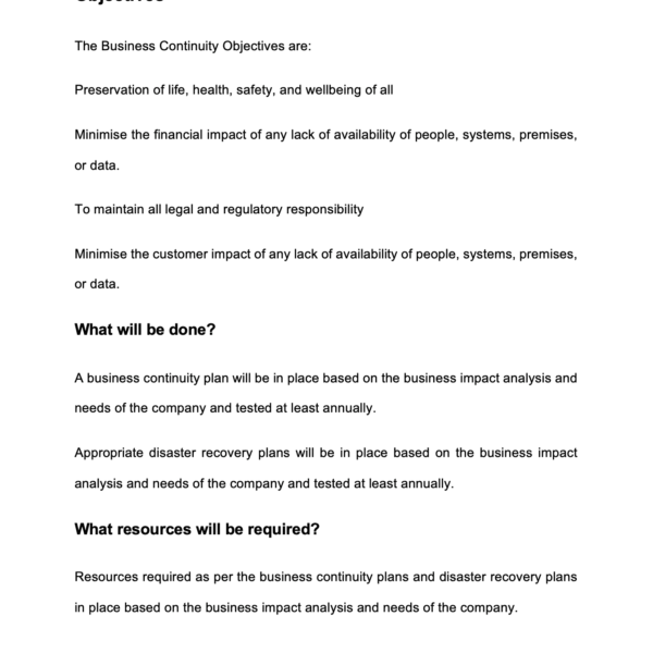 ISO27001 Business Continuity Objectives and Strategy Example 6