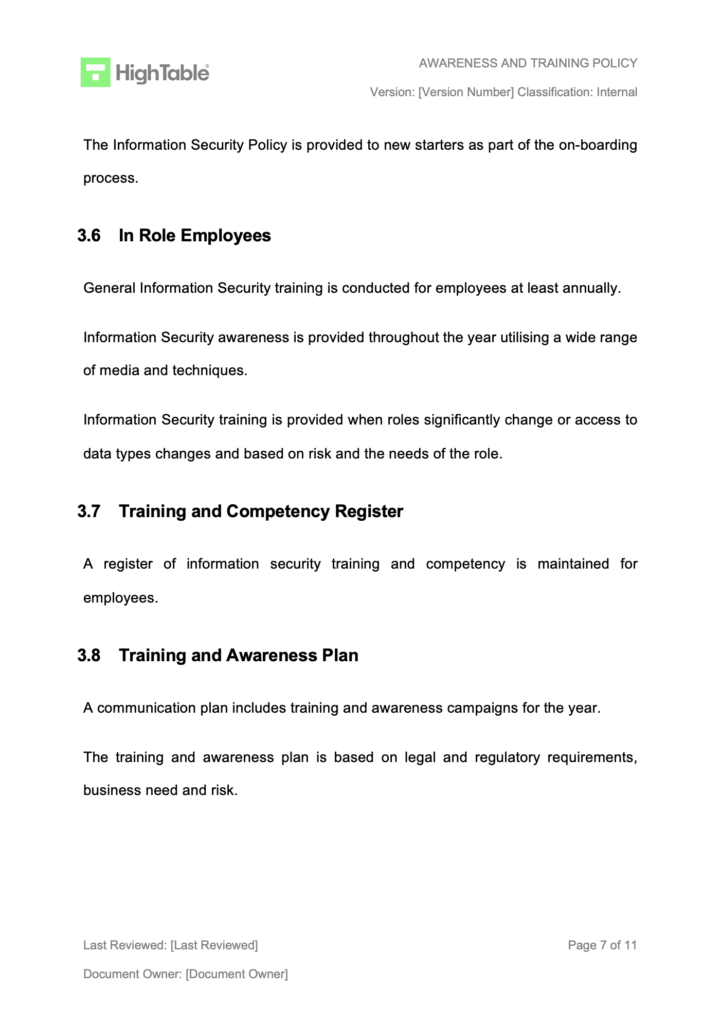 ISO 27001 Information Security Awareness and Training Policy Example 6
