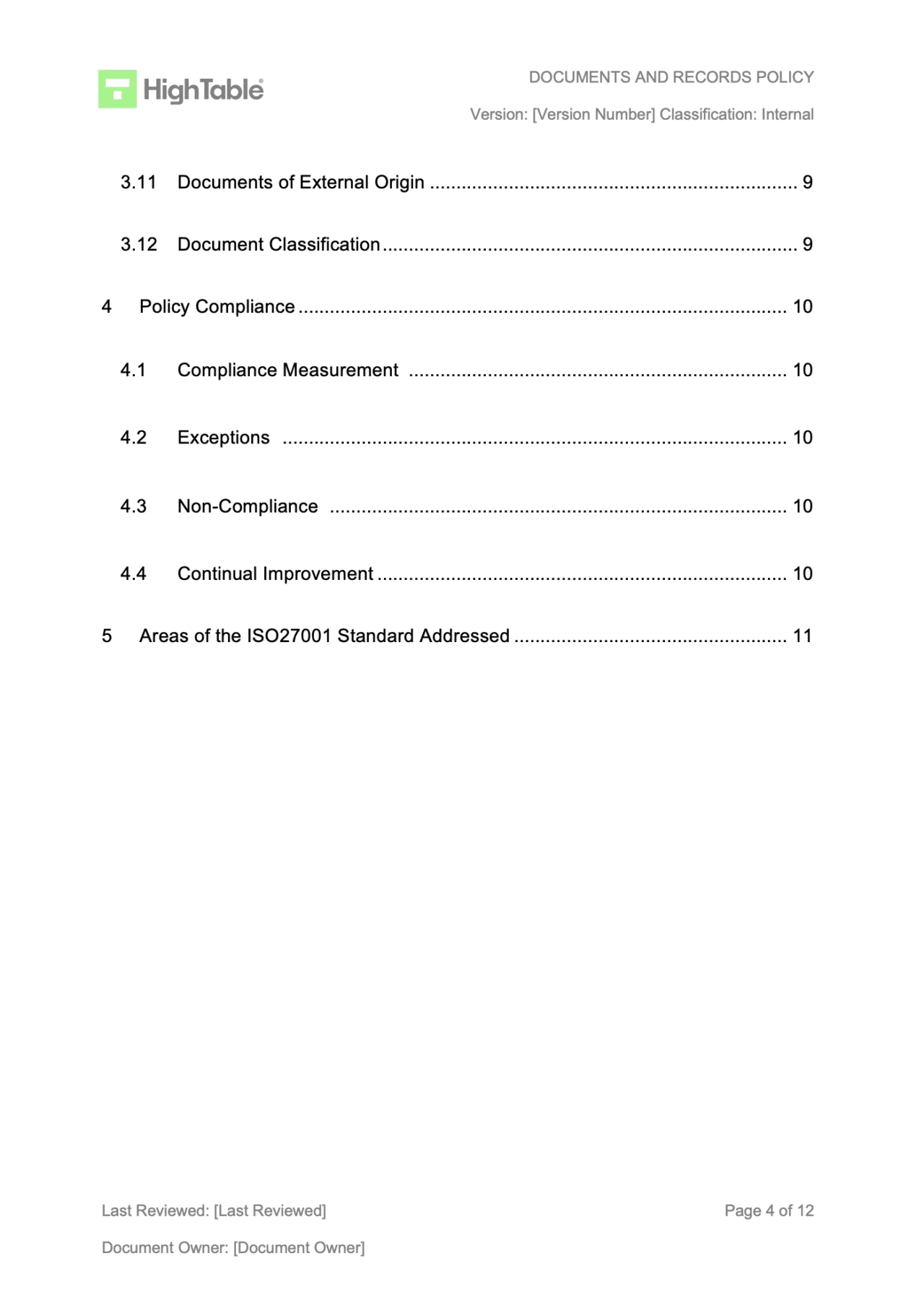 ISO 27001 Documents and Records Policy Template | Word | High Table