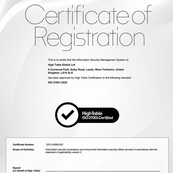 High Table ISO 27001 Certificate Example