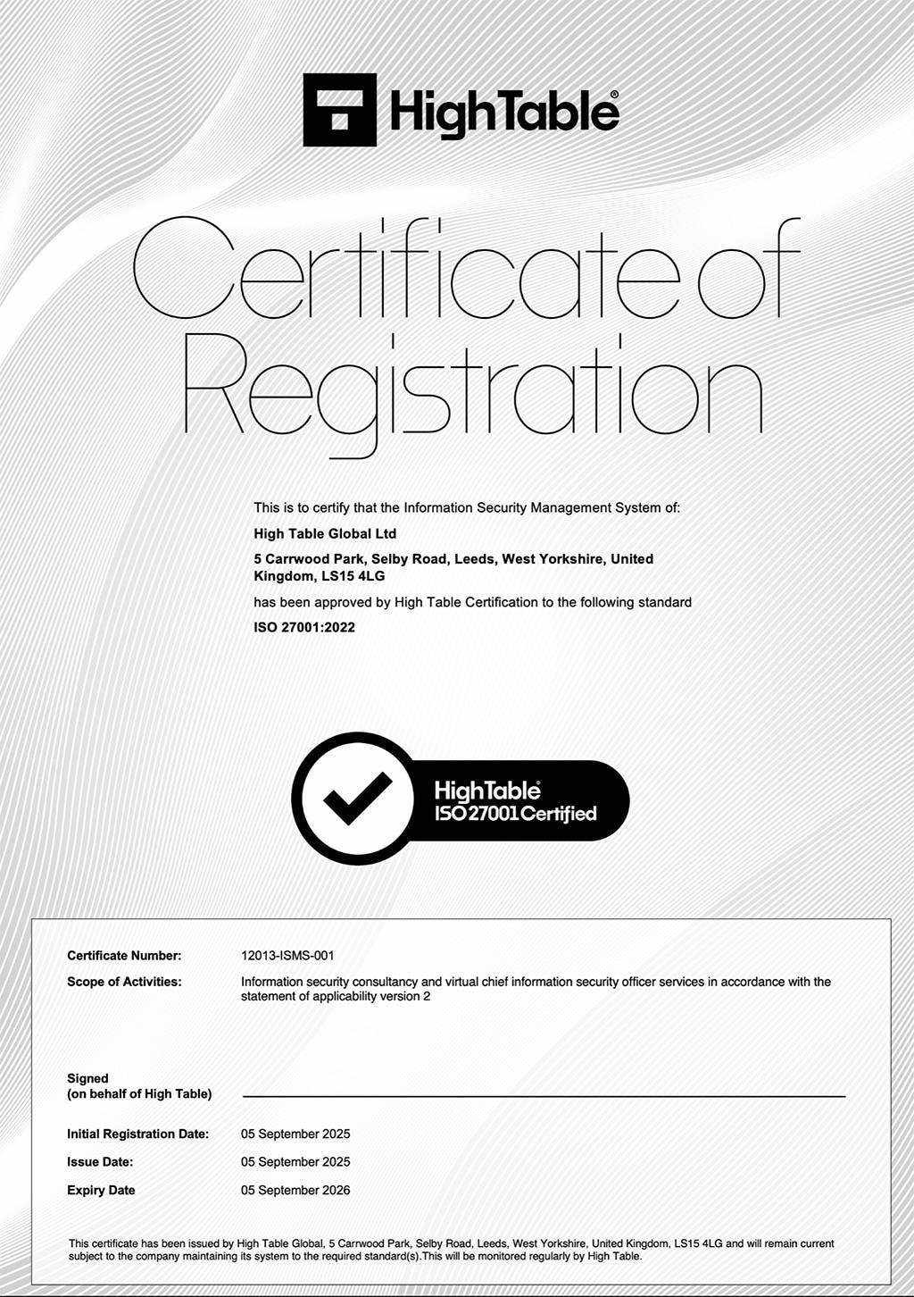 High Table ISO 27001 Certificate Example