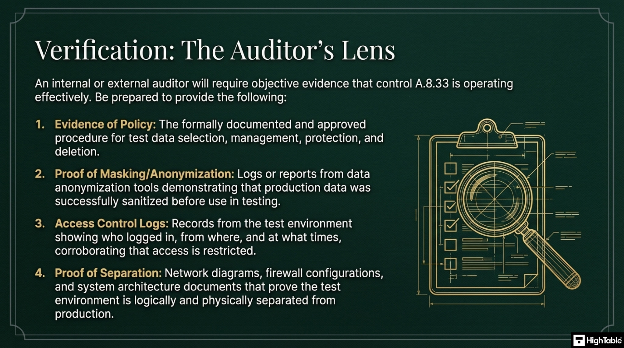 ISO 27001 Annex A 8.33 Test Information - what the auditor will check