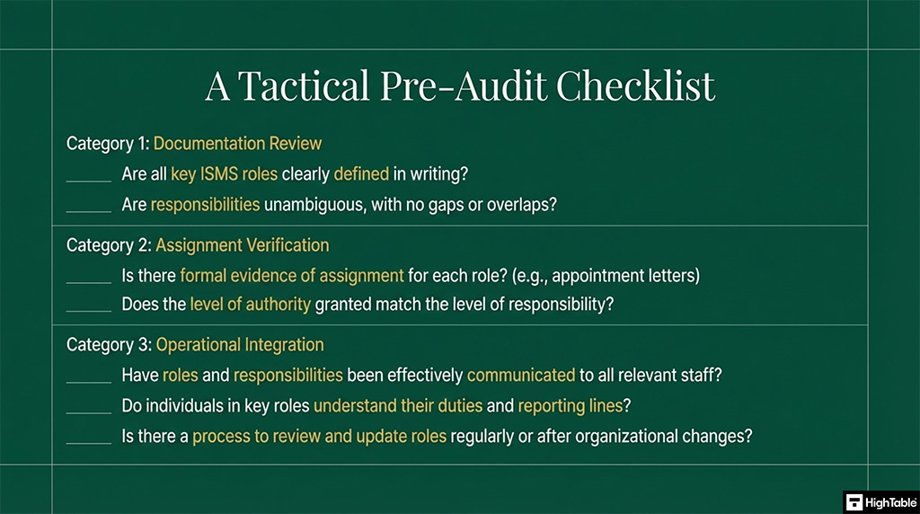 ISO 27001 Clause 5.3 Organisational Roles, Responsibilities and Authorities pre audit checklist