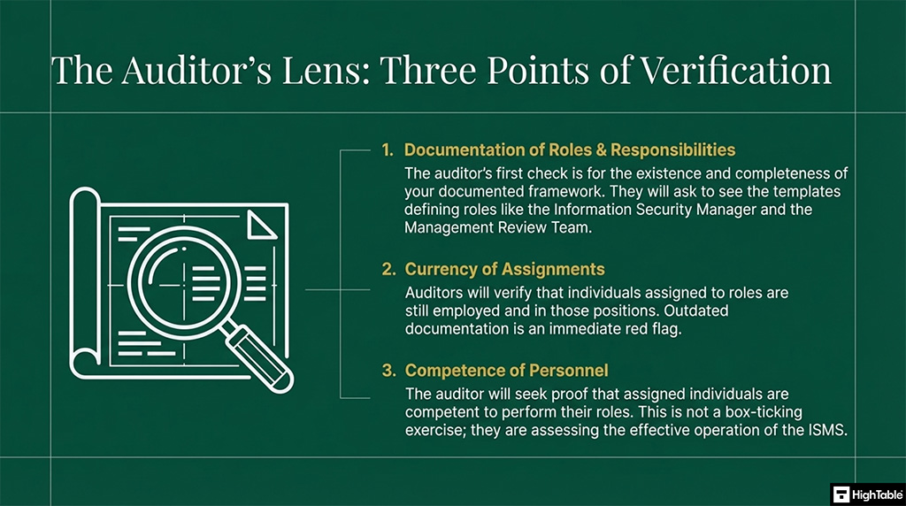 ISO 27001 Clause 5.3 Organisational Roles, Responsibilities and Authorities what the auditor will check